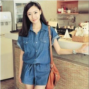 Free shipping 2013 women's fashion sweet doll turn-down collar casual vintage solid color denim jumpsuit 8137