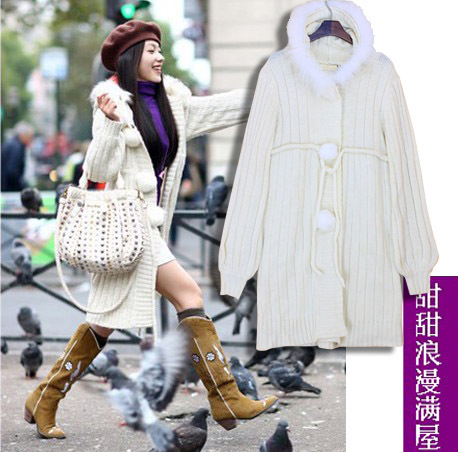 Free Shipping 2013 women's h7907 casual rabbit fur with a hood fur ball long white sweater design cardigan wholesale
