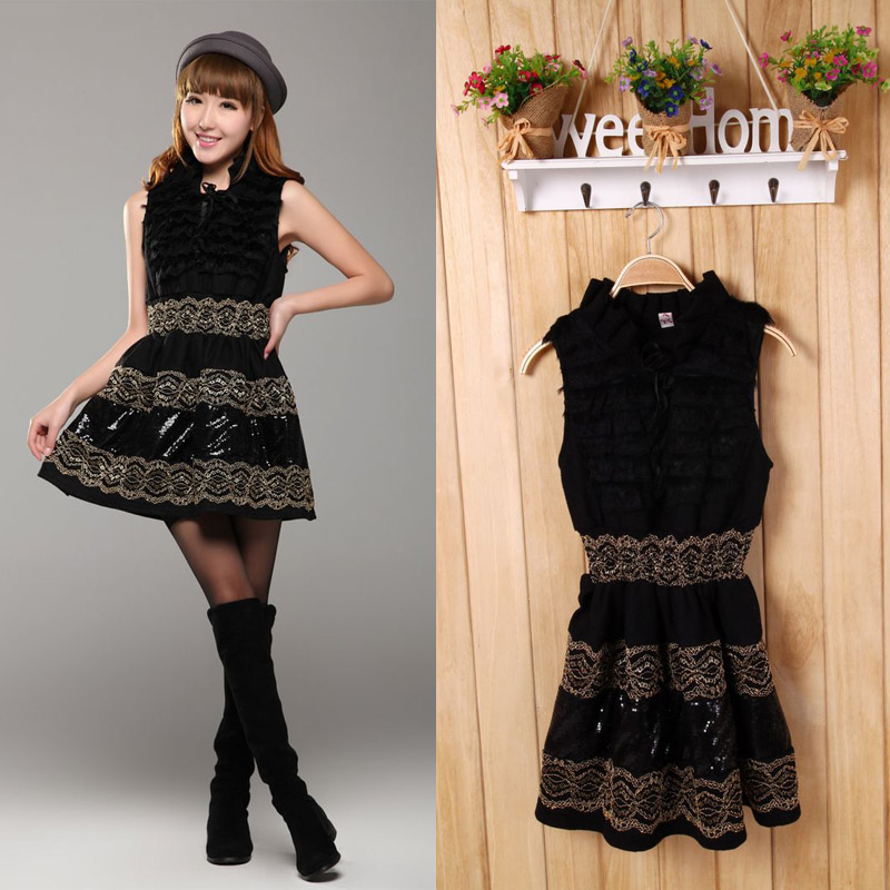 free shipping 2013 women's leather ladies small cape hare wool patchwork woolen vest one-piece dress