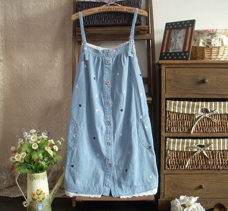 Free shipping 2013 women's loose embroidery love summer suspenders denim one-piece dress