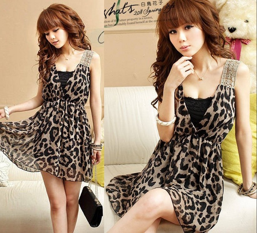 free shipping 2013 women's new  sweet sexy crocheted carved leopard print chiffon dress one-piece dress
