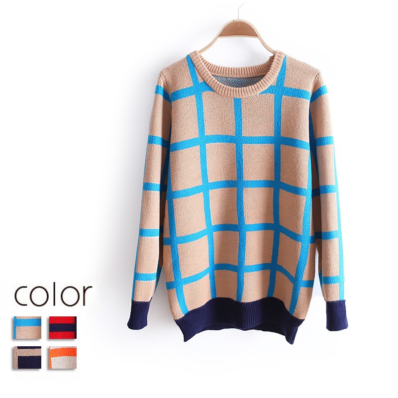 free shipping 2013 women's o-neck pullover color block large plaid o-neck loose sweater pullover wx1229