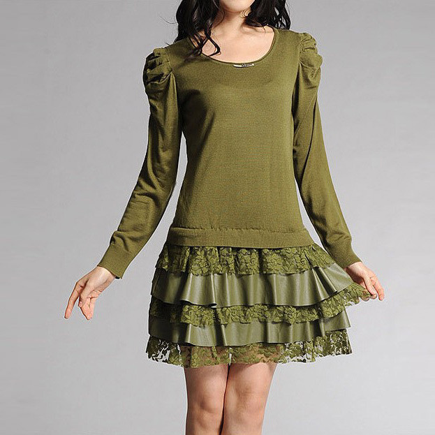 FREE SHIPPING 2013 women's o-neck sweep lace decoration leather long-sleeve knitted wool one-piece dress