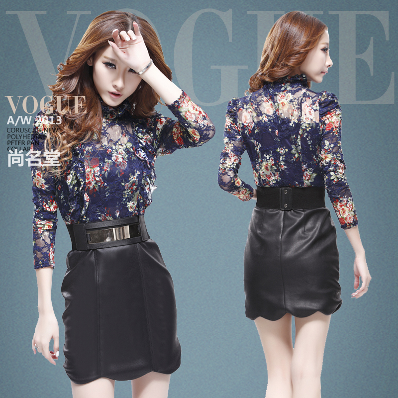 Free shipping 2013 women's one-piece dress stand collar baimuer laciness lace printing leather skirt gauze basic skirt