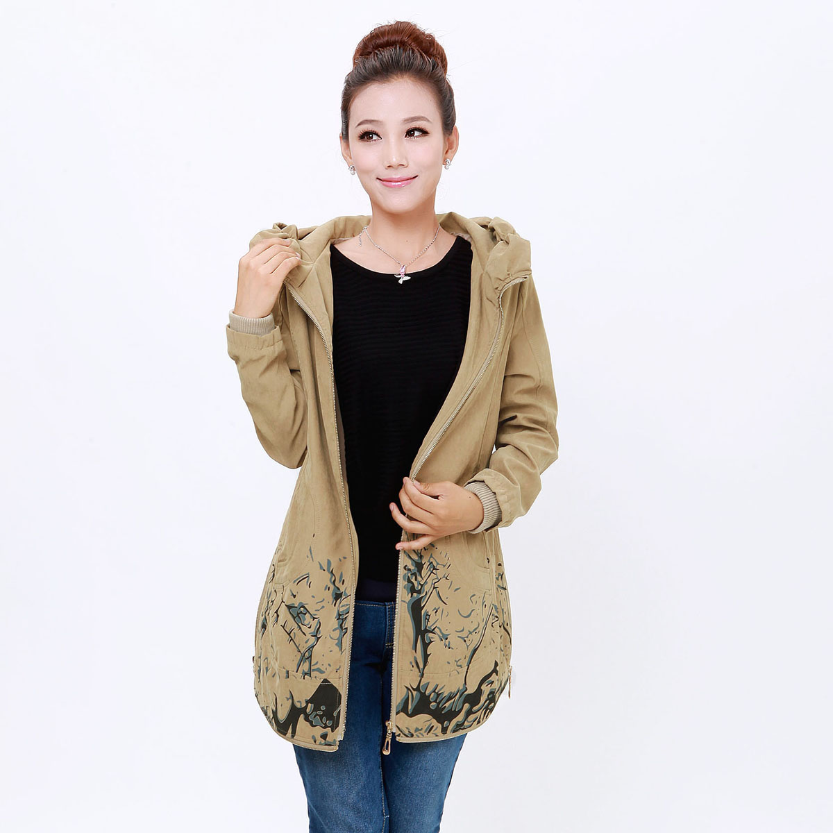 Free shipping 2013 women's outerwear slim Women spring medium-long plus size hooded fashion casual clothing