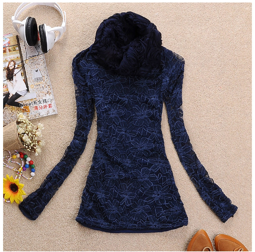 free shipping 2013 women's rose turtleneck sexy slim fashion cutout full lace long-sleeve basic shirt