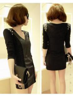 free shipping 2013 women's sexy lace slim hip leather skirt long-sleeve basic one-piece dress