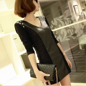 Free Shipping 2013 women's slim sexy japanned leather slimming basic shirt long-sleeve v-neck dress
