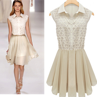 Free Shipping 2013 Women's Sophisticated Vintage Turn-down Collar Mid-calf Dress Emboridery Lace Chiffon Crochet dress JB121035