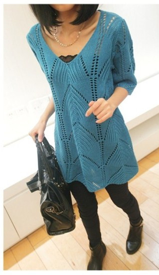 Free shipping 2013 women's spring and summer V-neck half sleeve medium-long pullover loose cutout sweater dress