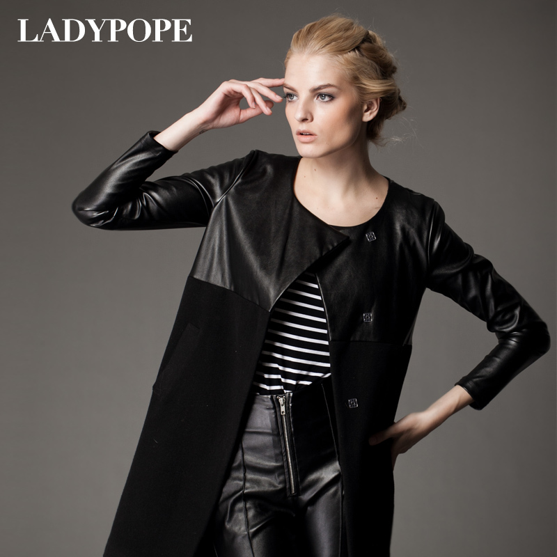 Free Shipping 2013 women's spring fashion patchwork PU women's overcoat black medium-long trench LDX