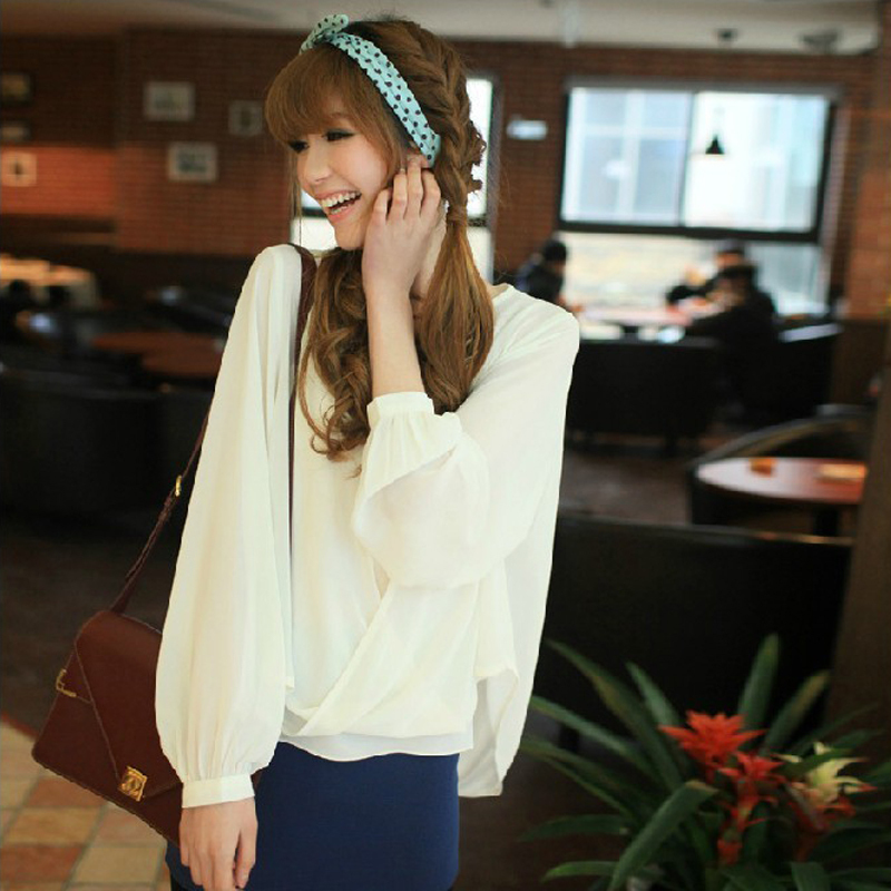 Free shipping 2013 women's spring long-sleeve irregular white chiffon shirt o-neck loose basic shirt
