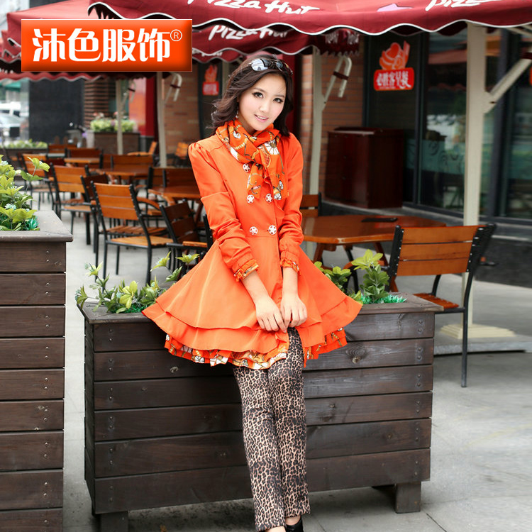 Free Shipping 2013 women's trench  female spring and autumn slim waist long design overcoat slim trench scarf Outerwear