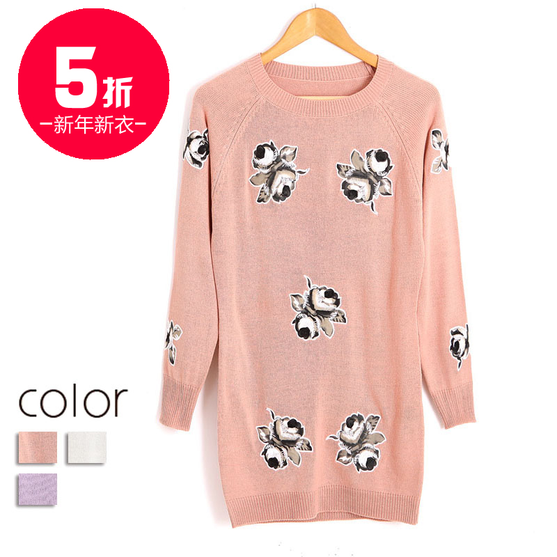 free shipping 2013 women's vintage flower knitted o-neck long-sleeve medium-long pullover sweater ax068