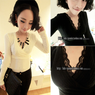 Free shipping 2013 women's winter new arrival women's slim lace patchwork long-sleeve basic wool sweater sweaters for women
