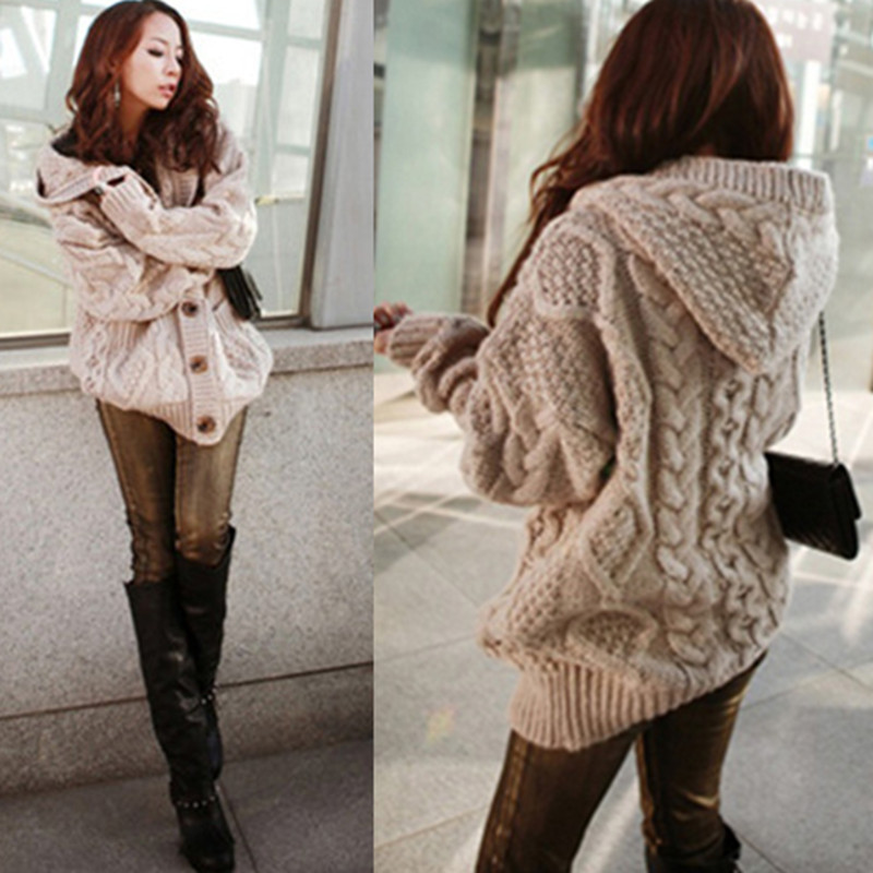 Free Shipping 2013 women's Women loose single breasted with a hood cardigan sweater thick outerwear overcoat
