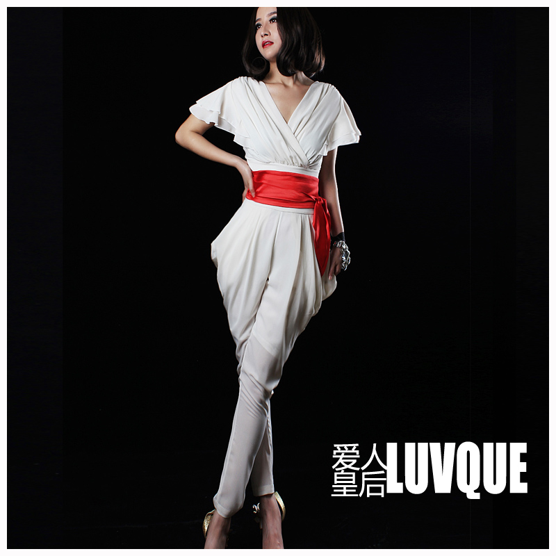 Free Shipping 2013 Women Silm Summer  V-neck  chiffon jumpsuit ,Maxi size  high waist overalls for women+belt