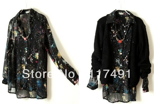 free shipping 2013 women Spring Casual/fashion starlight universe galaxy/Cosmic nebulae Chiffon shirt/loose top /blouses ft264