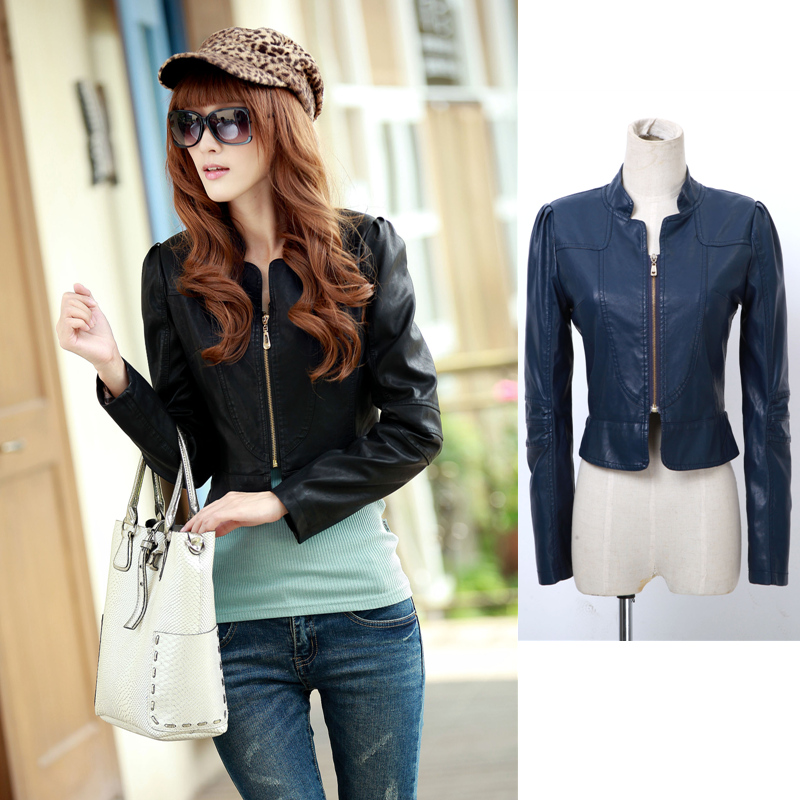 Free shipping! 2013 Women spring fashion design zipper short slim stand collar long-sleeve water wash PU clothing outerwear