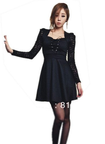 free shipping 2013 womens new fashion black front bandage mini dress ladies spring autumn squair neck lace sleeve dresses 479