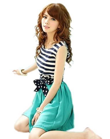 free shipping 2013 womens summer new fashion blue yellow stripe patchwork sleevelss chiffon dress ladies vest dresses+belt 435