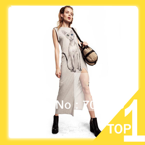 free shipping 2013 Womens tank dress with lovely cat pattern Y7068
