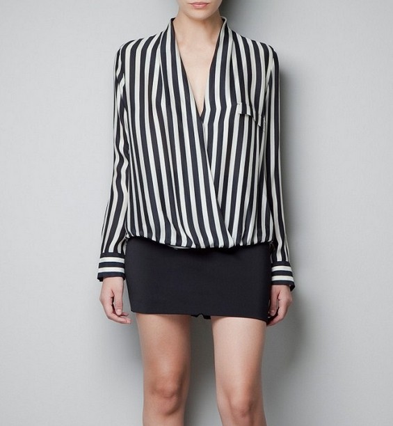 free shipping 2013 zar* fashion womens' Sexy classic Striped Blouse Deep V neck elegant quality slim shirt designer tops ft190