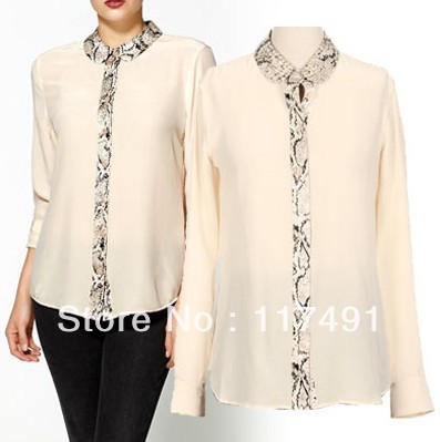 free shipping 2013 zar* style new women name brand European and American Wind serpentine mosaic long-sleeved chiffon shirt ft316