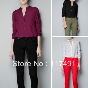 free shipping 2013 zar* woman Loose deep V-neck hedging long-sleeved shirt/blouses OL white/black/blue/red designer top ft091