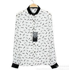 free shipping 2013 zar* woman spring Black collar stitching puppy pattern chiffon long-sleeved shirt thin models blouse ft095