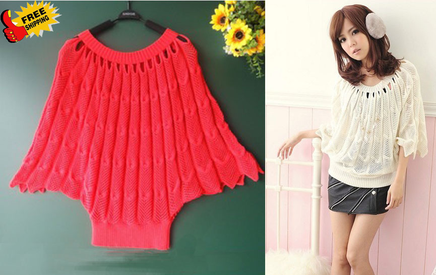 Free Shipping 2013New Arrival Women's Fashion Batwing Coats Loose Sweaters Hollow Out Three Quarter Sleeve Round Collar Sweaters