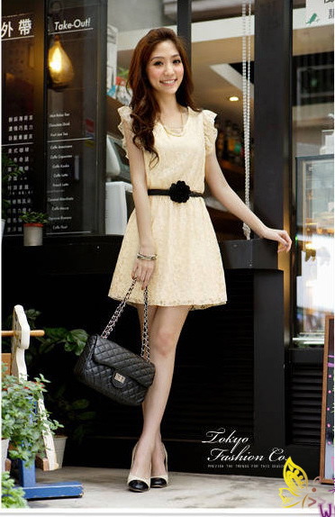 Free shipping 2013New fashion lace dress with belt V-neck butterfly sleeve shirt pink,beige summer,spring Wholesales,Retails