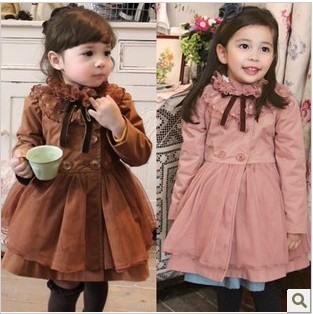 Free shipping 2013spring and winter girls clothing baby plus cotton lace double breasted child overcoat trench outerwear dress