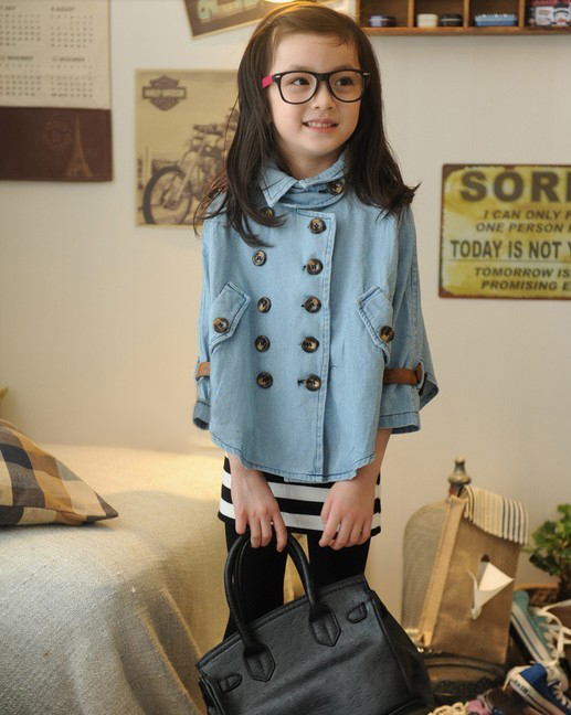 Free shipping 2013spring clothing female child outerwear denim mantissas cloak batwing shirt double breasted
