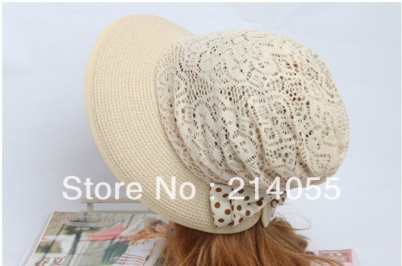 Free shipping 2013Spring the new bow wave point travel wide brim hat knitting hat beach sun hat. The straw lace stitching hats