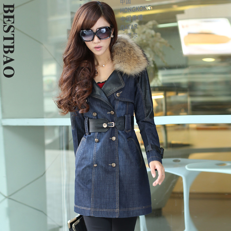 free shipping 2020 classic denim double breasted trench handsome patchwork new arrival bestbao female