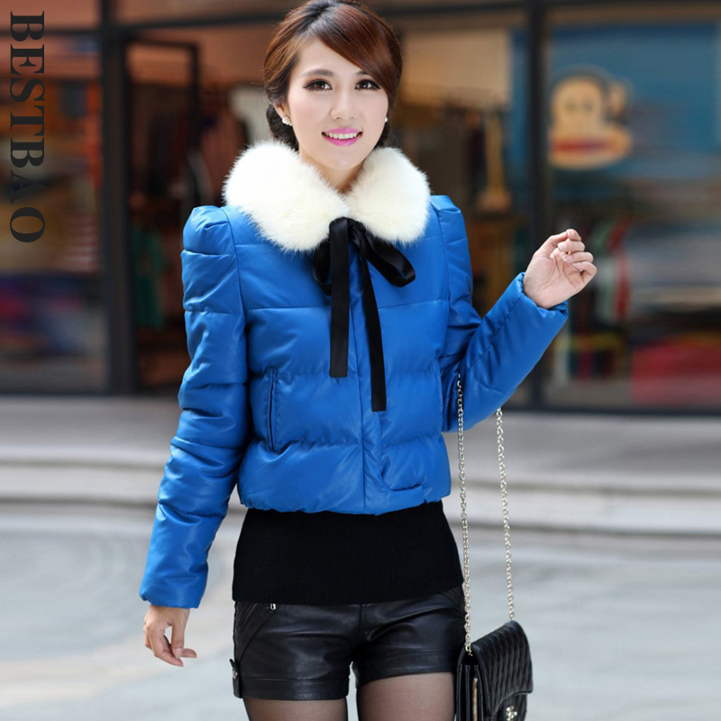 free shipping 2034 fashion elegant leather wadded jacket fur collar detachable new arrival bestbao female