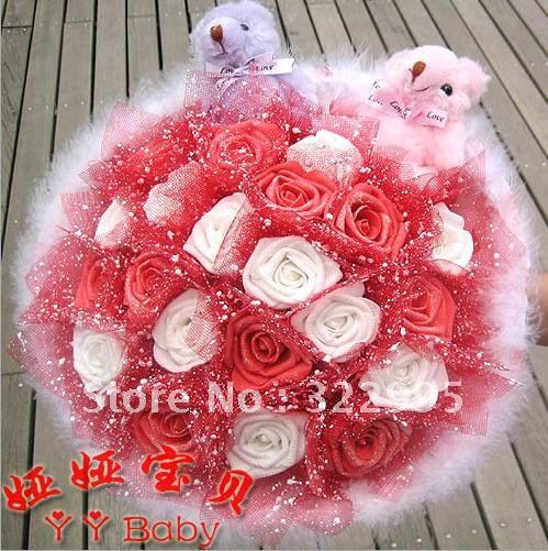 Free shipping 21 flower pink interval dual color rosette 2 lovers tactic bear cartoon bouquet fashion Soft Toys Bouquets X624