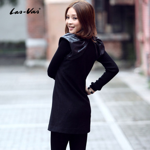 Free shipping 2112 leather patchwork woolen one-piece dress 11032