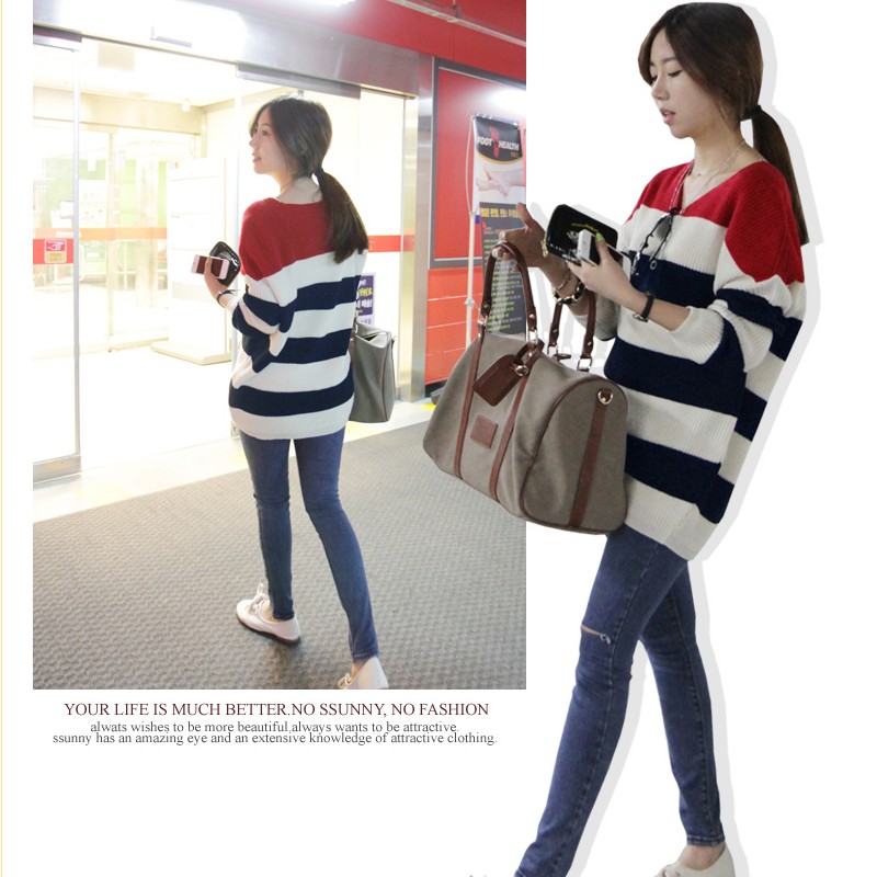 Free Shipping 2131 fashion stripe color block decoration slim loose all-match sweater shirt skirt MY