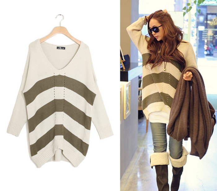 Free Shipping 2138  loose stripe color block decoration cutout sweater dress MY