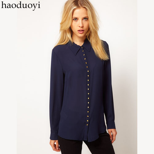 Free Shipping 23 buckle metal buckle women's slim chiffon shirt Dark Blue long-sleeve turn-down collar shirt