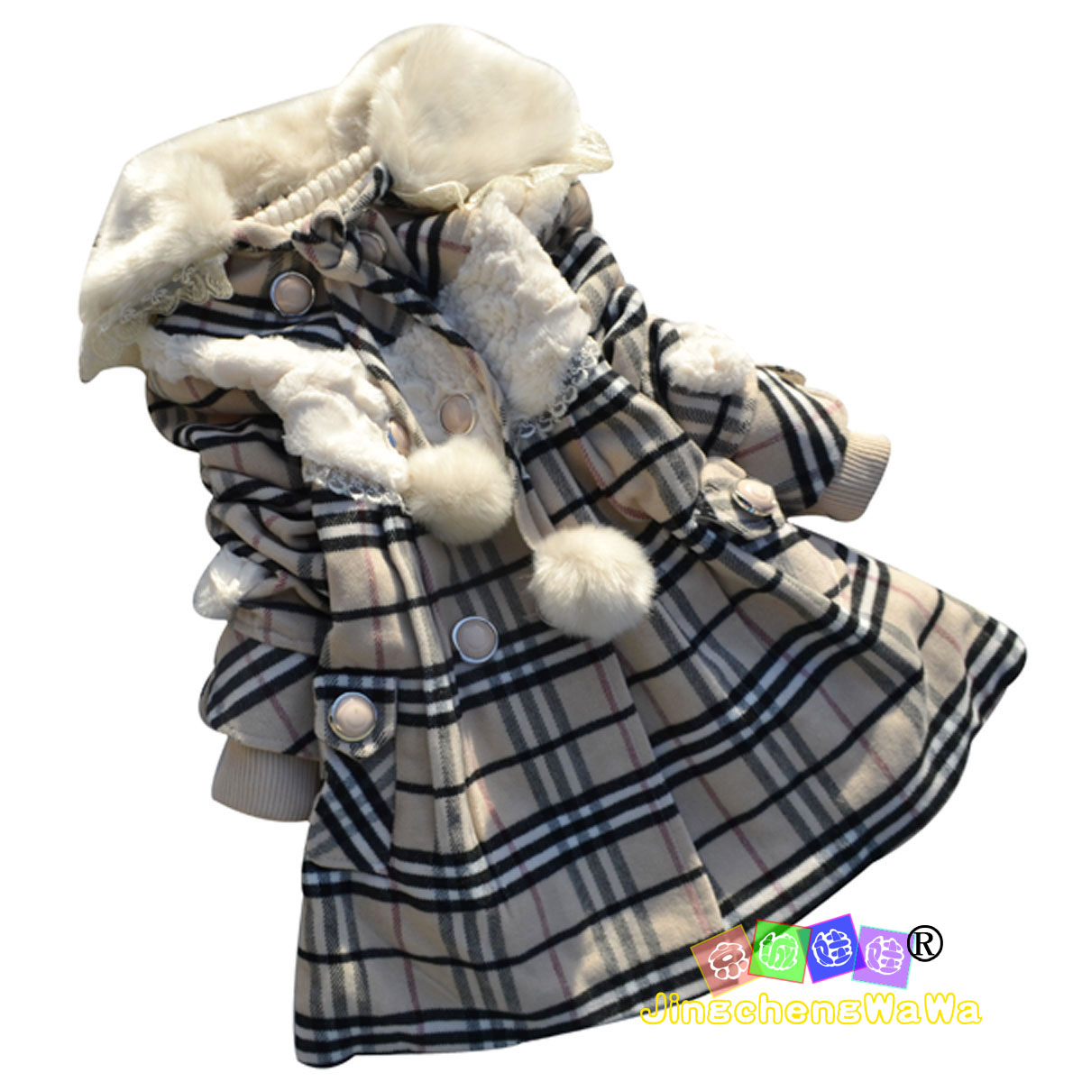 free shipping 2314 winter female child double breasted cardigan plaid outerwear girl belt trench thick