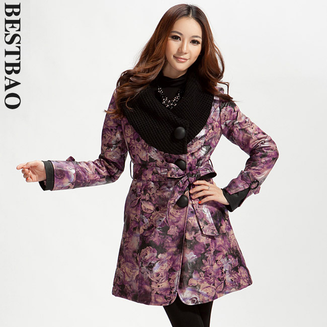 free shipping 2448 fashion print plus cotton leather trench knitted collar bestbao female Absolutely authentic