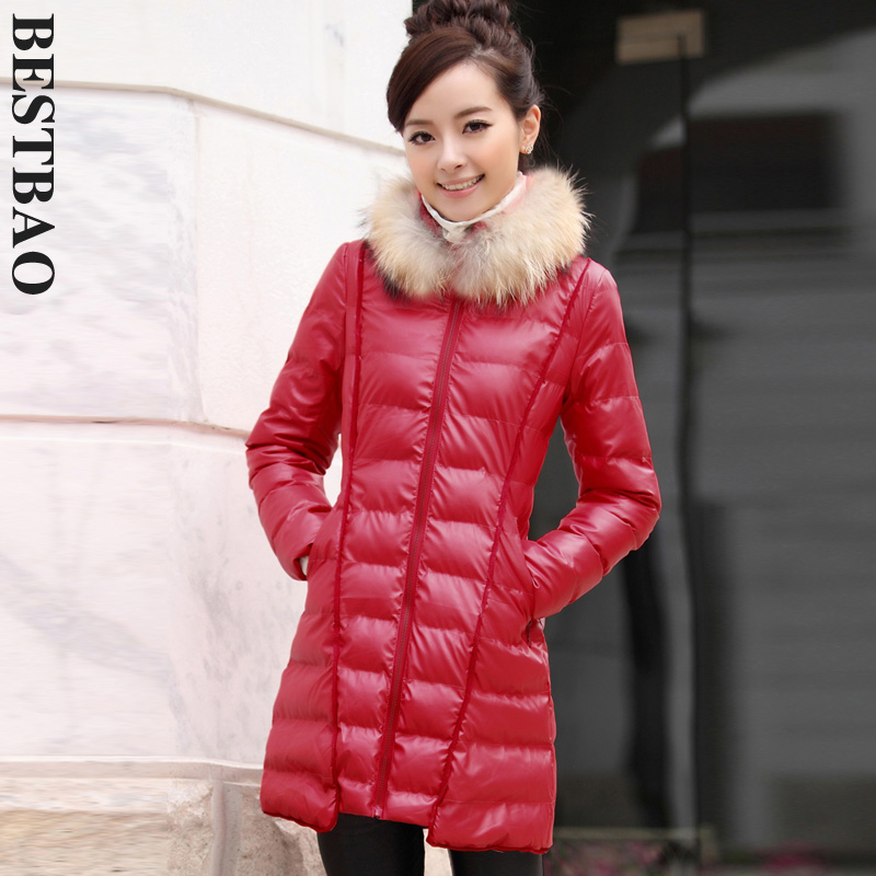 free shipping 2486 slim long design plus cotton thermal leather clothing raccoon fur bestbao female Absolutely authentic