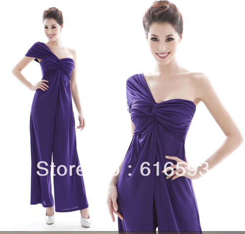 Free Shipping 2I5331# Charming Single Shoulder Twisted Pleated Knot Trumpet Leg Zipper Back Pure Color Maxi Jumpsuit Purple
