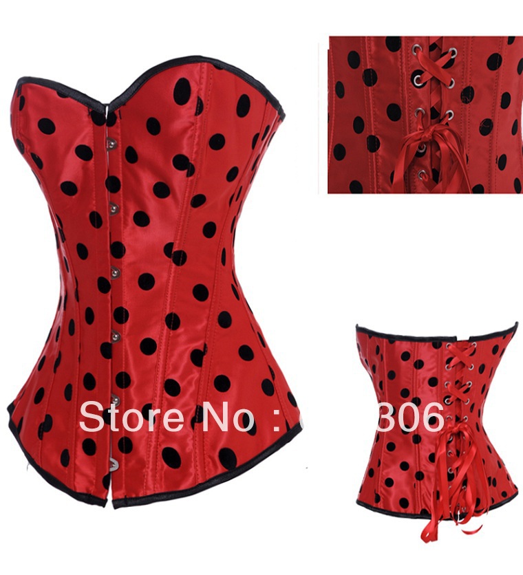 Free Shipping 2PC Satin Red Corset With Black Dot