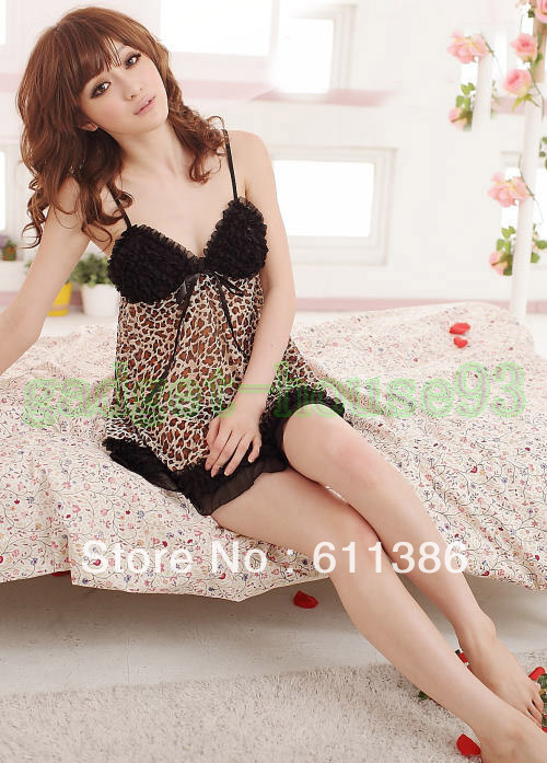 Free shipping 2pc Valentine christmas Halloween Sexy LEOPARD Deep V Dress gstring Party club lace Lingerie lolita costume A12