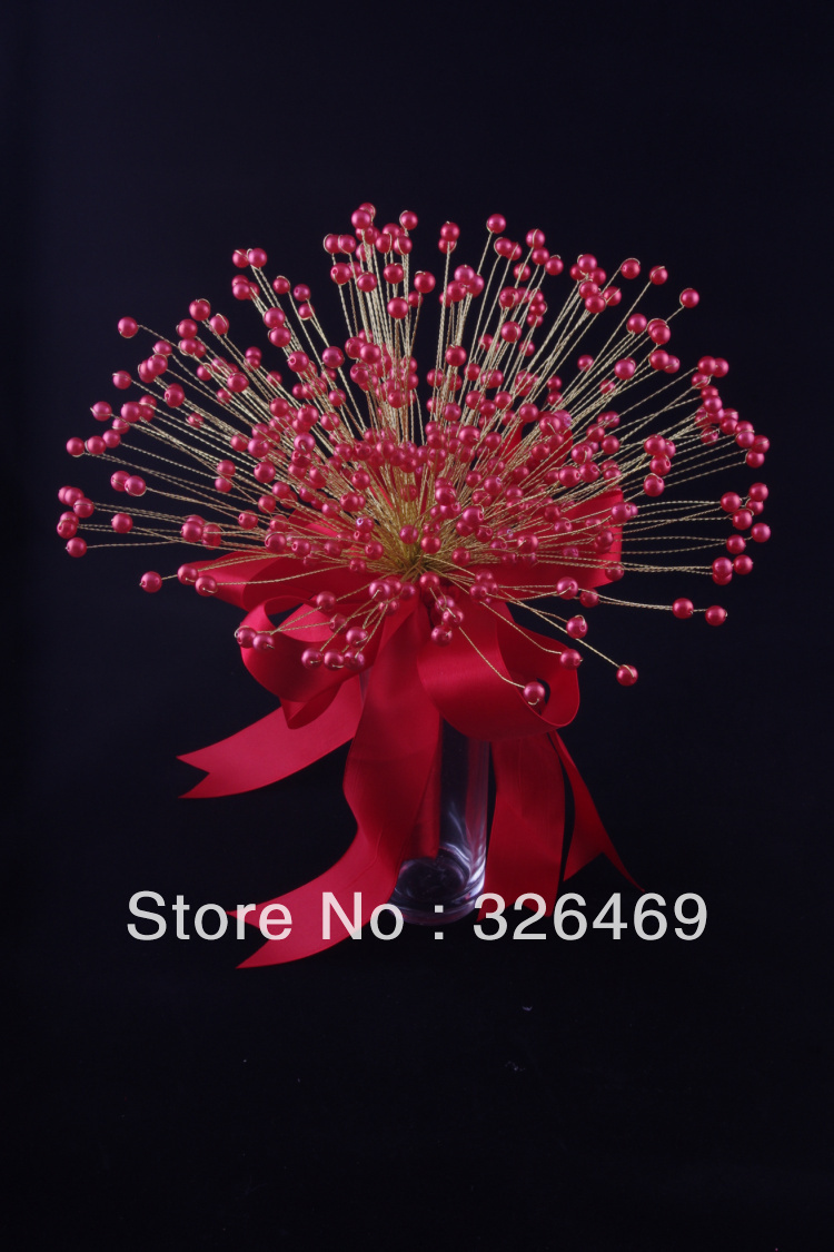 Free shipping 2sets/lot newest acrylic crystal girl bouquets red pearl beads artificial flower bouquet