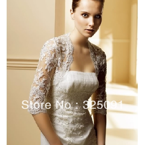 Free Shipping 3/4 Sleeve Front open White sexy Alencon Lace  Jacket wedding wraps  formal dress bolero jackets wholesale